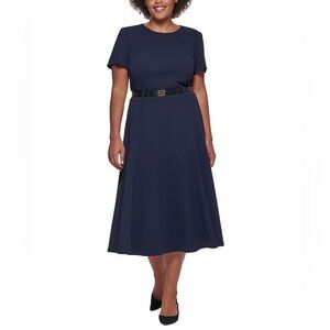 Calvin Klein Womens Belted Short Sleeve Midi Dress . Navy . NEW
